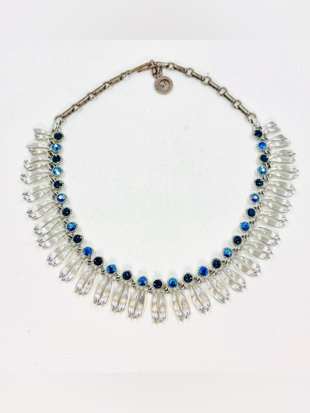 LISNER Vintage Silver Tone Fringe Necklace W/Blue AB Rhinestones 14-17”